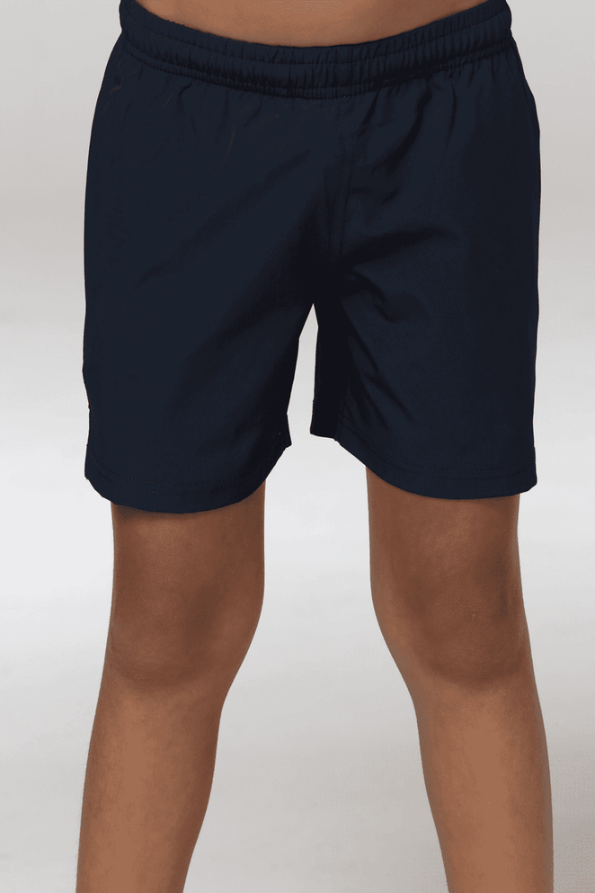Navy shorts with an elastic waistband, suitable for sports uniforms, featuring a subtle logo.