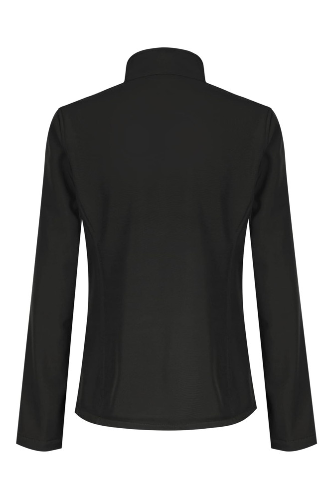 A black soft shell jacket with a collar and long sleeves, featuring a logo on the back.