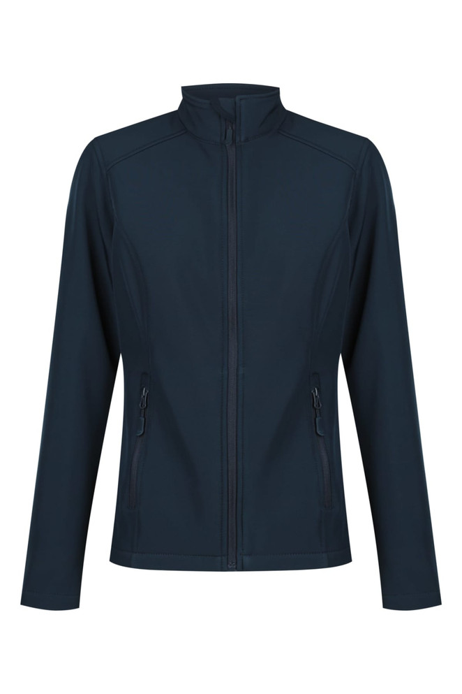A soft shell jacket in dark navy, featuring a zip front and side pockets, with a logo on the sleeve.