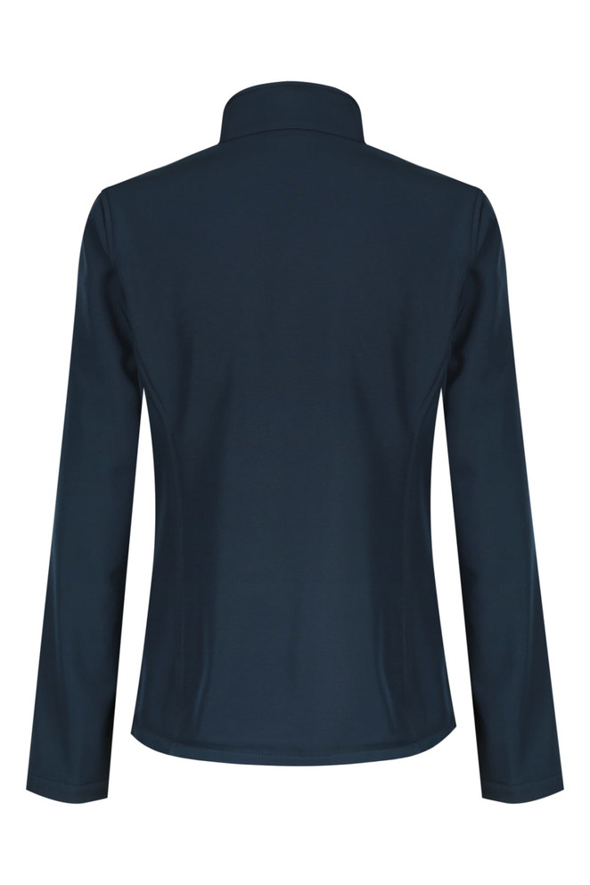 A soft shell jacket in navy blue with a high collar and long sleeves, featuring a logo on the back.