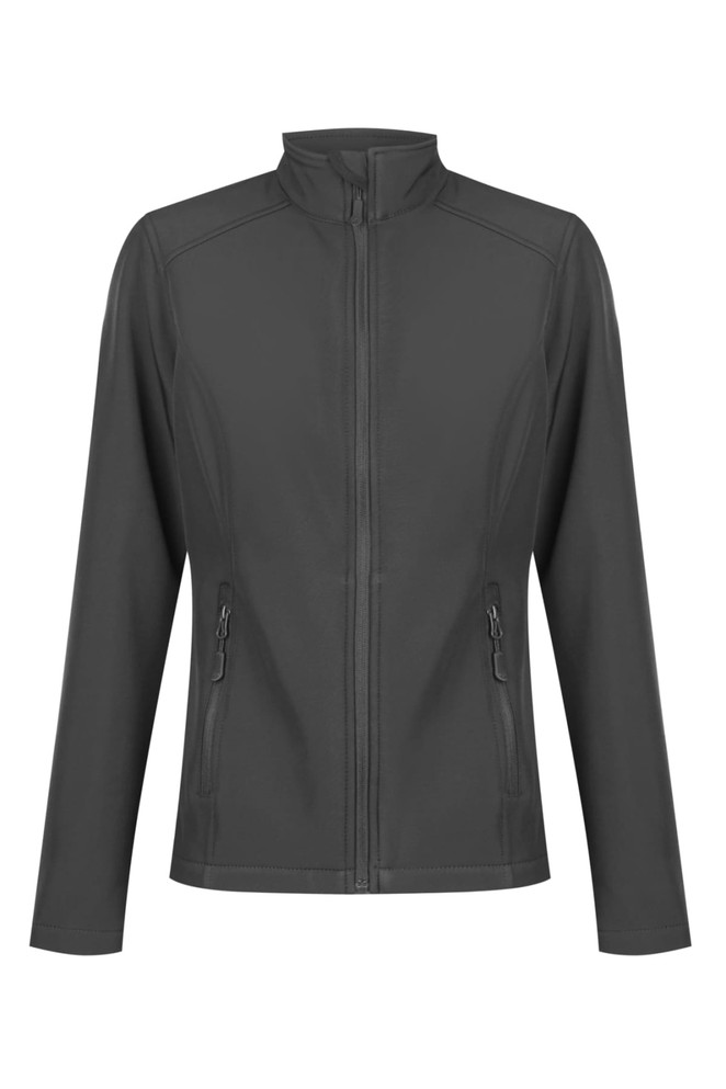 A soft shell jacket in black with a zip front and two side pockets. Features a logo on the chest area.