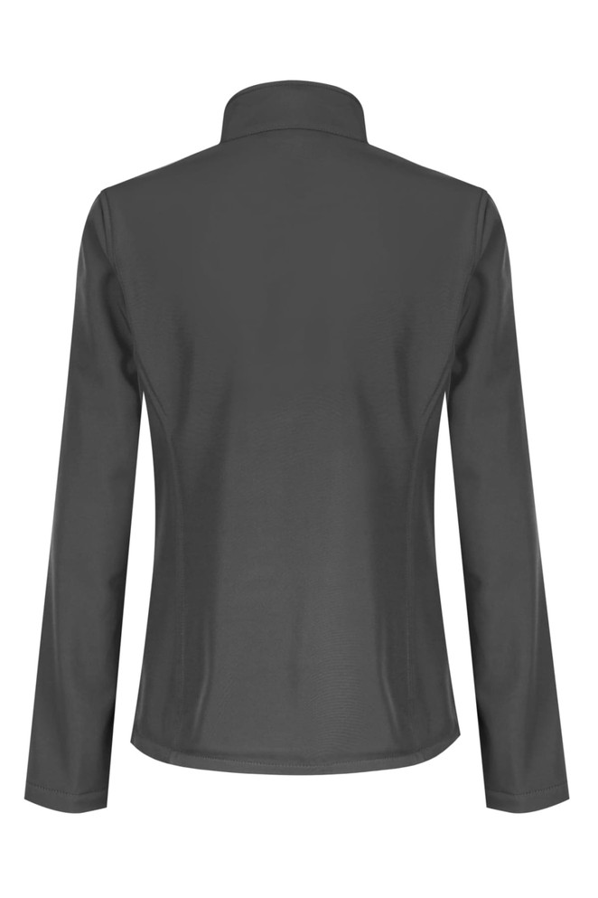 A soft shell jacket in dark grey, featuring a clean back design and a high collar. Includes a logo.