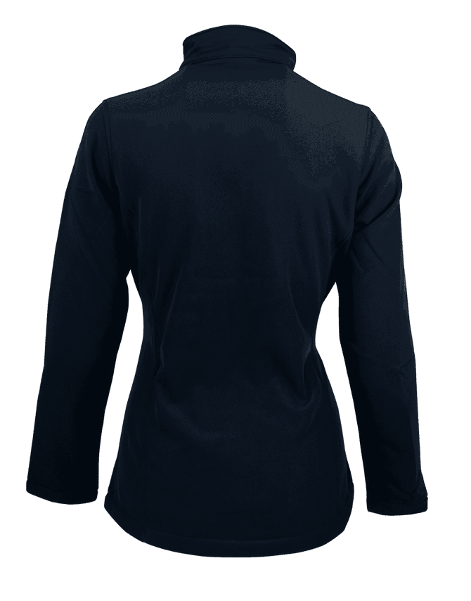 A navy soft shell jacket featuring a high collar and long sleeves, with a simple, clean design.