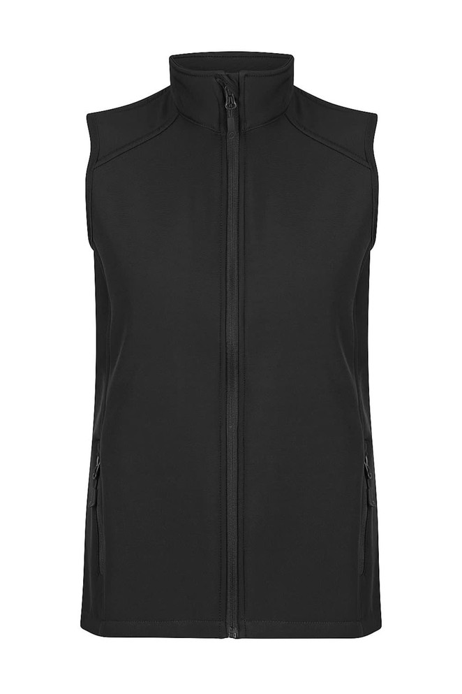 A black sleeveless vest with a front zip and side pockets, featuring a logo on the upper left.