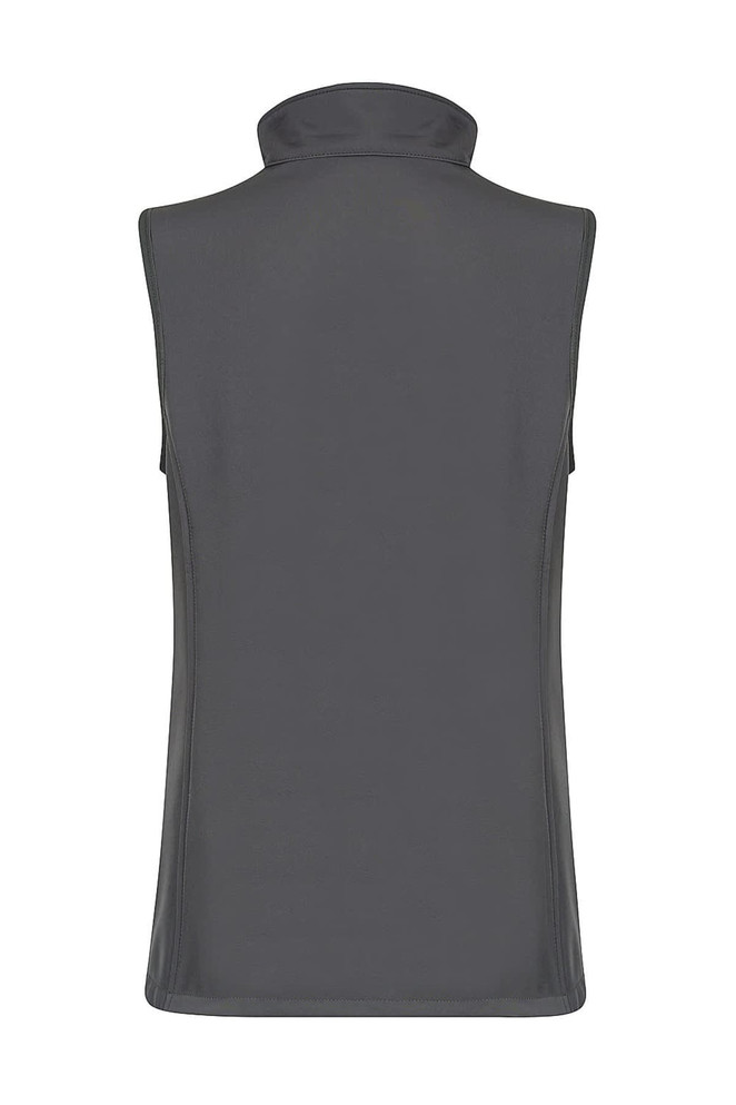 A grey sleeveless vest with a high collar, featuring a logo on the back.
