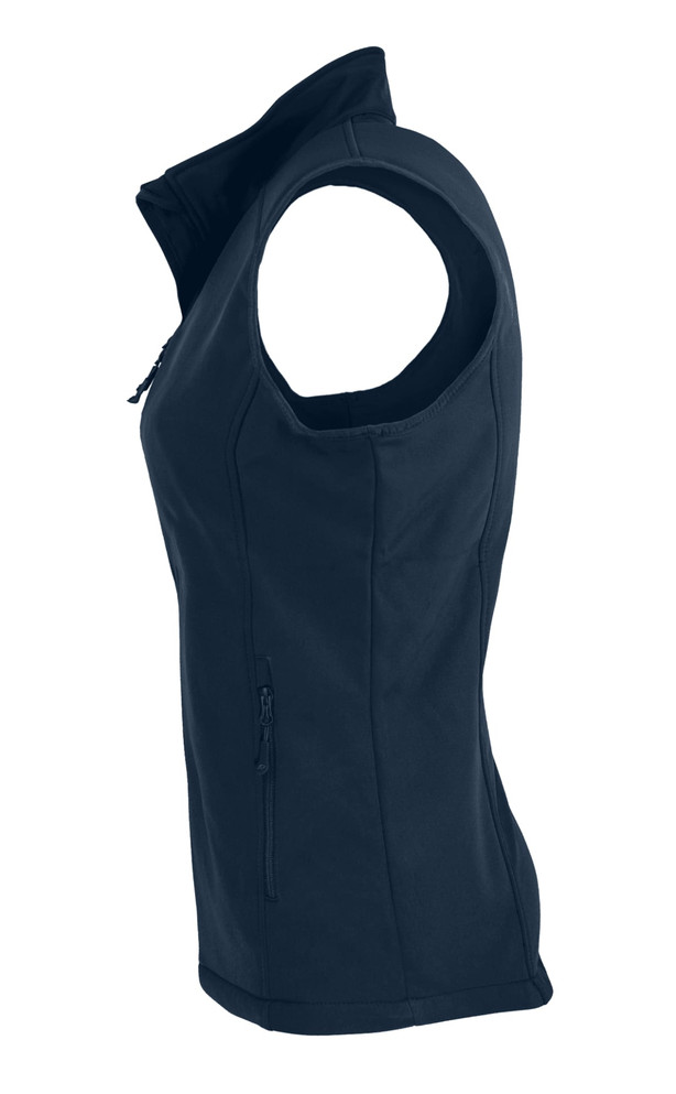 A navy blue sleeveless work vest featuring a zip front and two side pockets. It includes a logo.