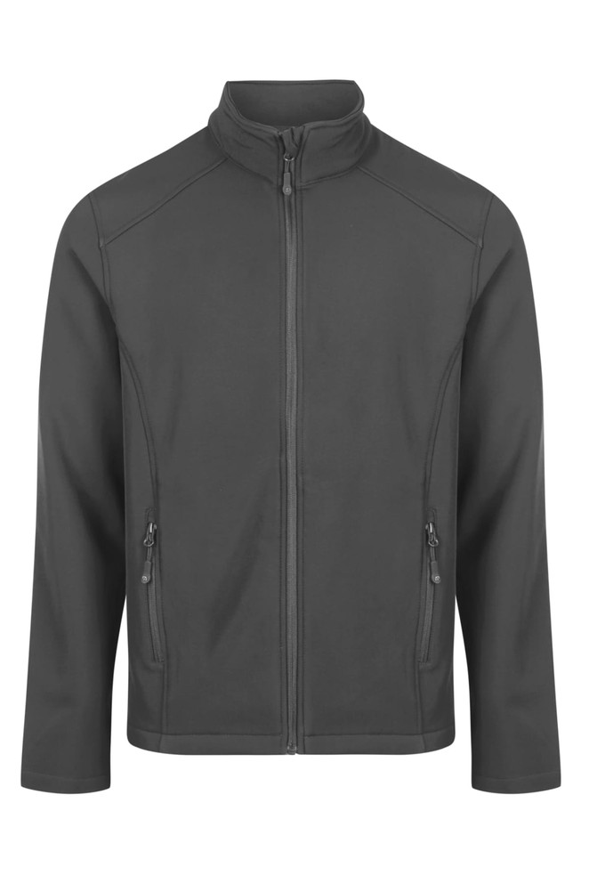 A soft shell jacket in charcoal grey featuring a zip front and two side pockets. It has a logo on the chest.