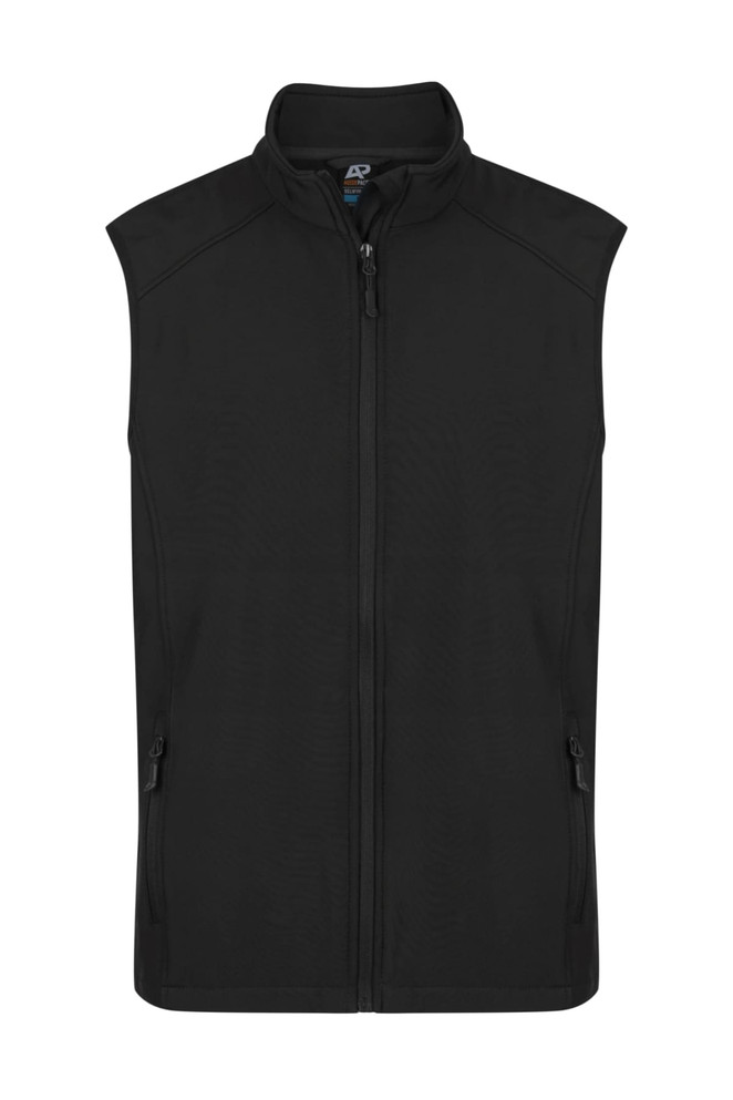 A black sleeveless vest with a high collar and zippered pockets, featuring a branding logo.