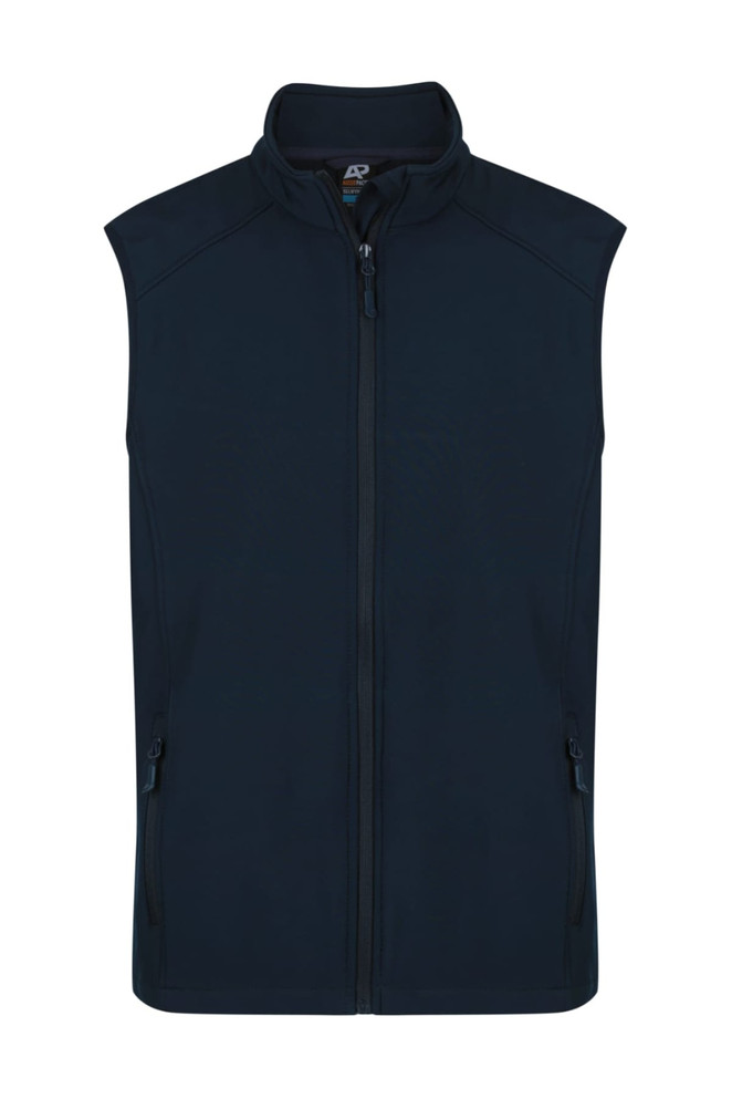 A navy blue men's vest featuring a full zip front and side pockets, designed for workwear use.