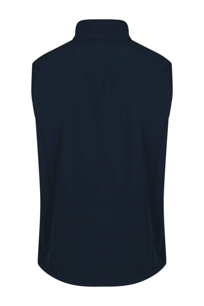 A dark navy work vest with a high collar and no sleeves, featuring branding on the back.
