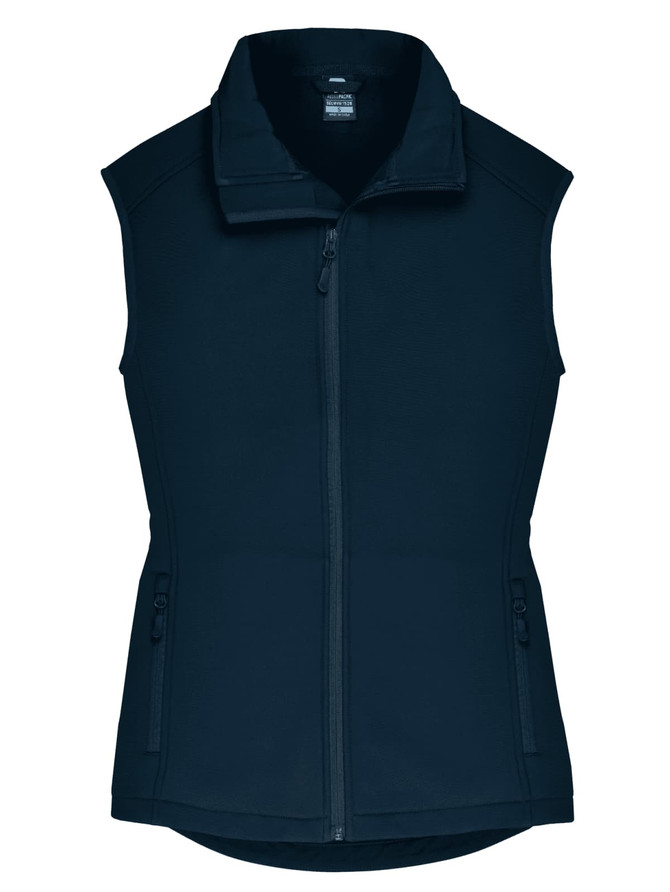A navy blue vest with a zip front and pockets, featuring a high collar and a branded logo.