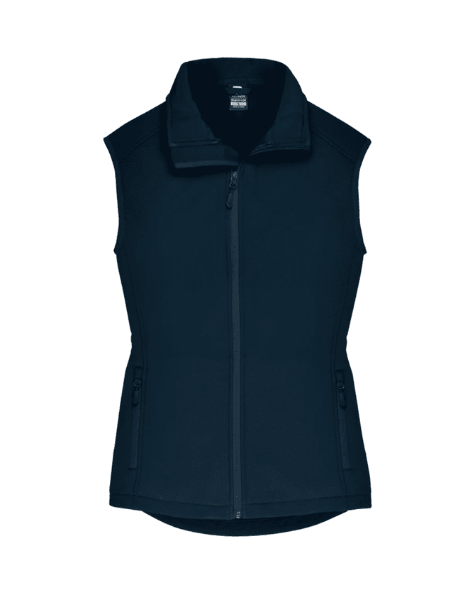 A sleeveless navy work vest with a high collar and zippered pockets, featuring a logo.