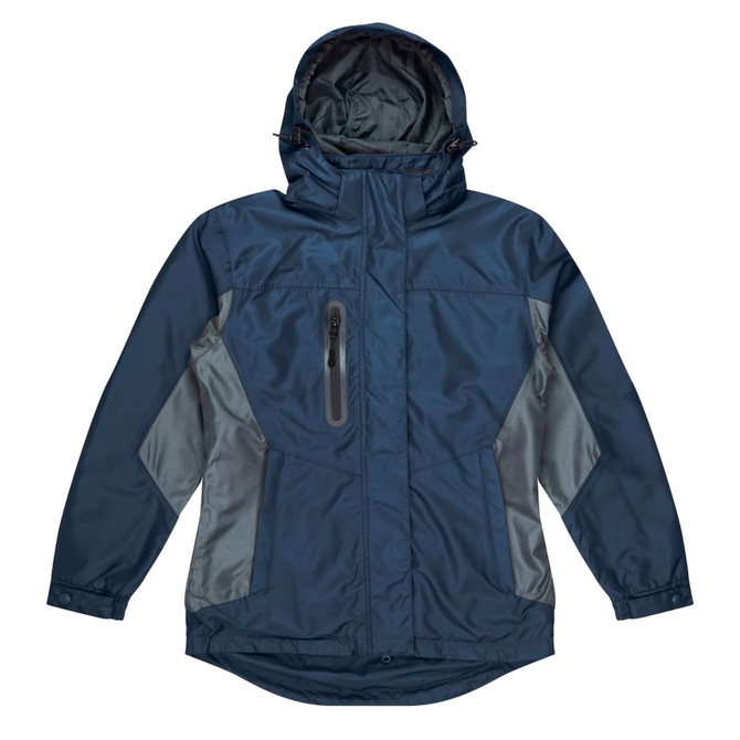 A navy blue jacket with grey side panels and a hood. It features a front zip pocket and branding.