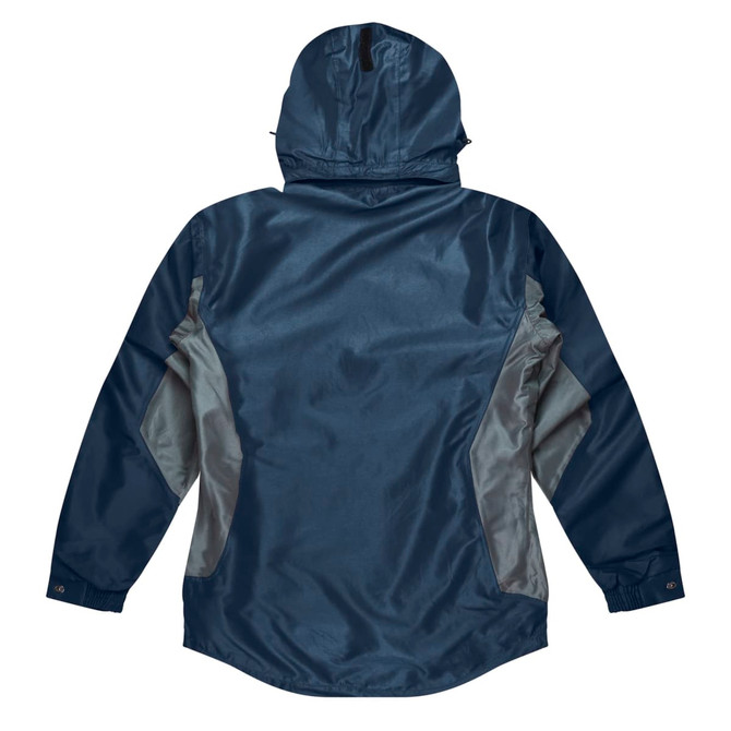A navy and grey jacket featuring a hood and side panels, with a logo on the back.