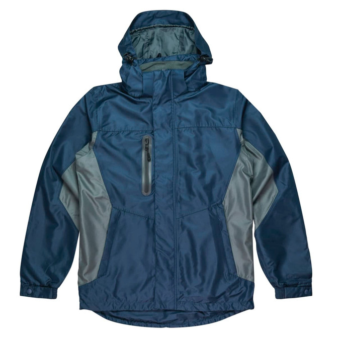 A navy blue and grey men's jacket with a hood, featuring a zippered front pocket and a logo.