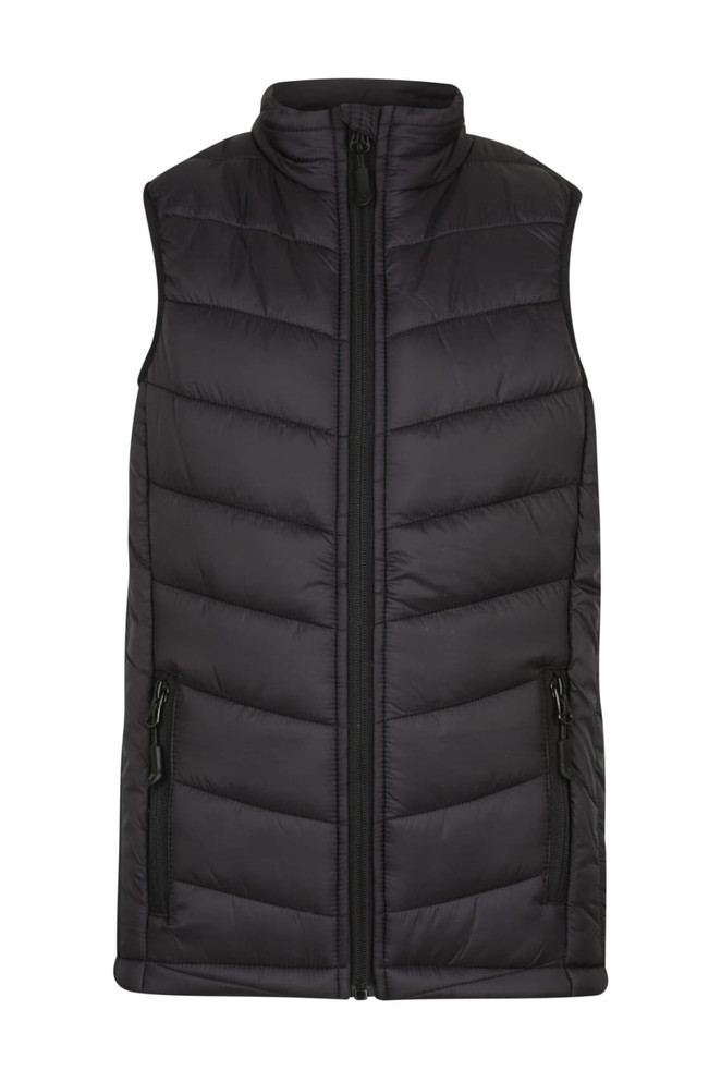 A black padded vest with a high collar and zip-up front, featuring side pockets and a logo.