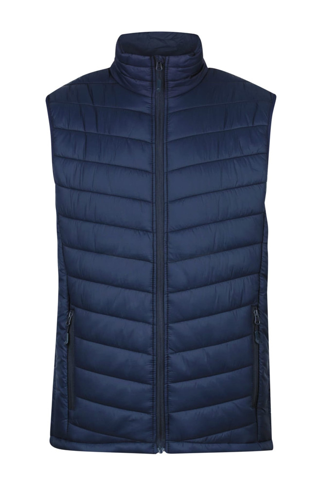 A navy blue padded vest with a high collar and zippered pockets, featuring a logo on the front.