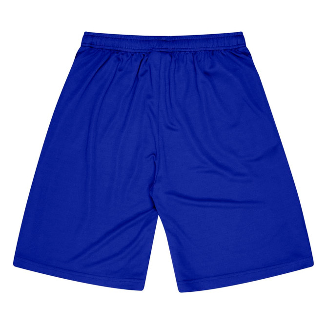 Blue sports shorts featuring an elastic waistband and a plain design. Contains a logo.
