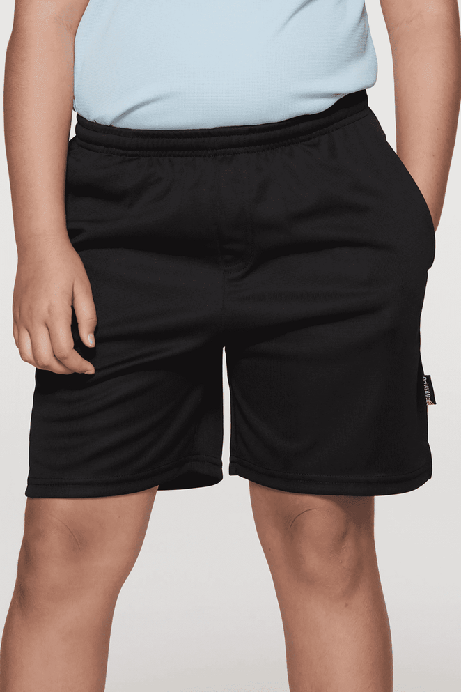 Black sports shorts designed for kids, featuring an elastic waistband and side pockets. Includes a branding logo.