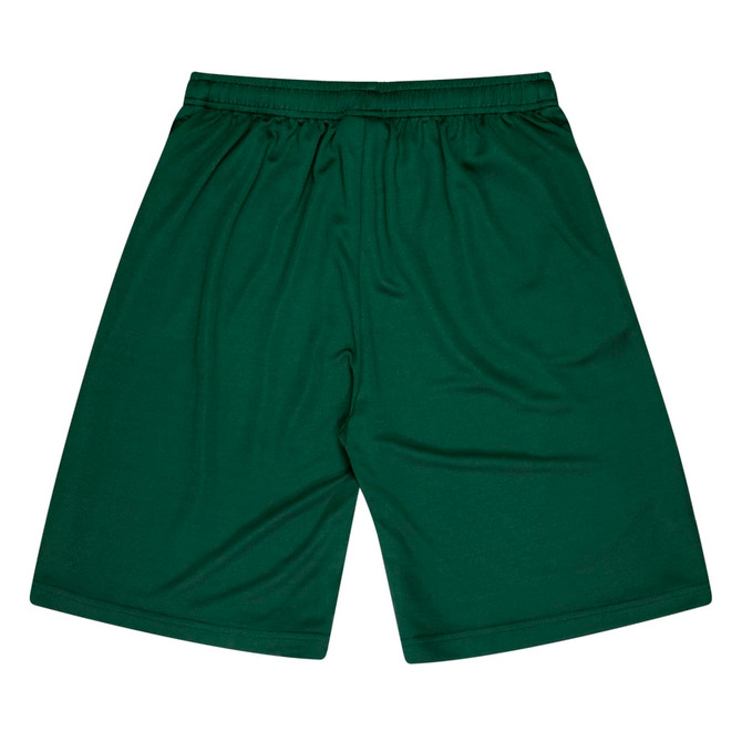 Green kids' sports shorts with an elastic waistband and a simple, sleek design. Includes a logo.
