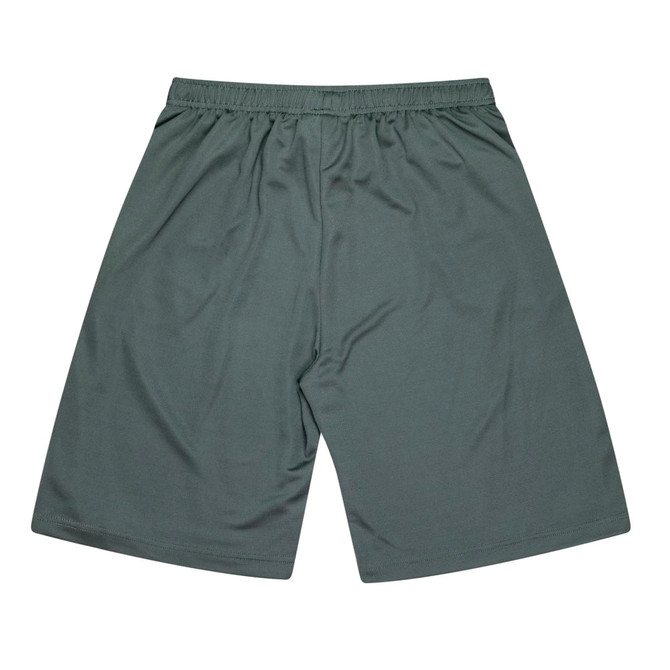 A pair of green kids' sports shorts with an elastic waistband and a simple design. Features a logo.