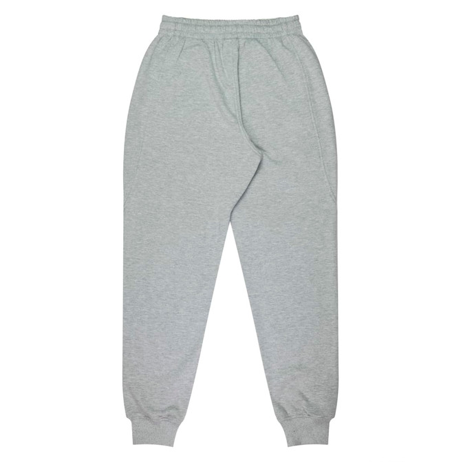 Tapered fleece kids pants in light grey with an elastic waistband and cuffs. Features pockets and a logo.