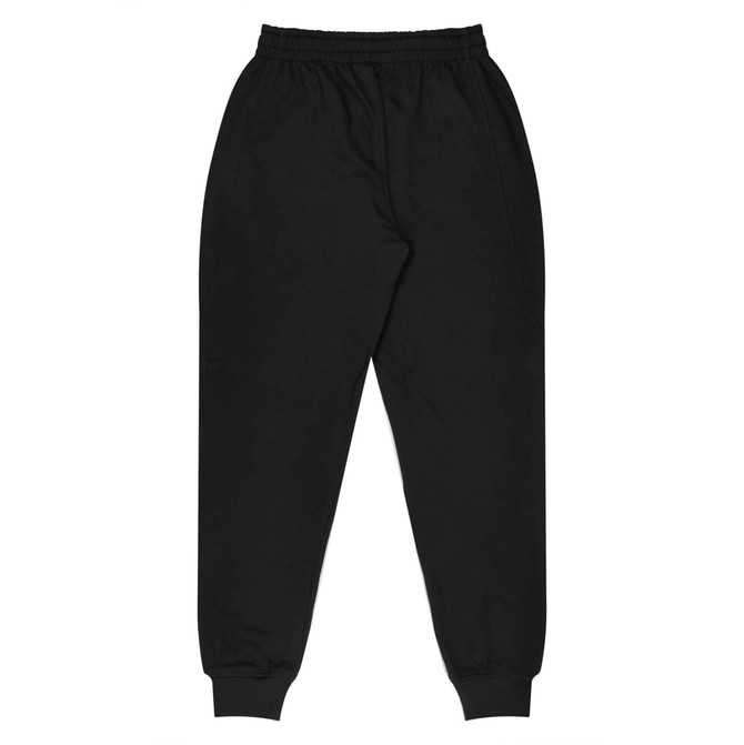 Black tapered fleece kids pants with an elastic waistband and cuffed hems. Features pockets and a brand logo.