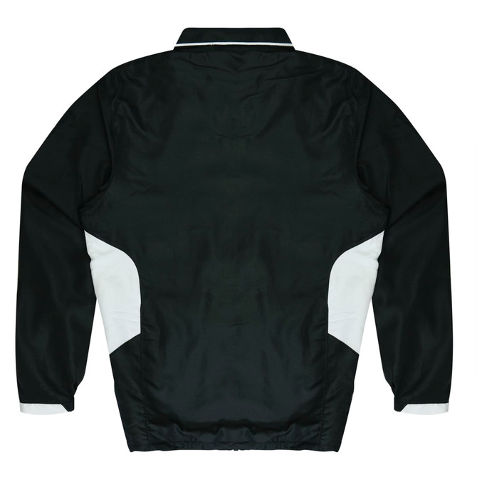 A dark green jumper with white accents, featuring a collar and elastic cuffs, displayed from the back.