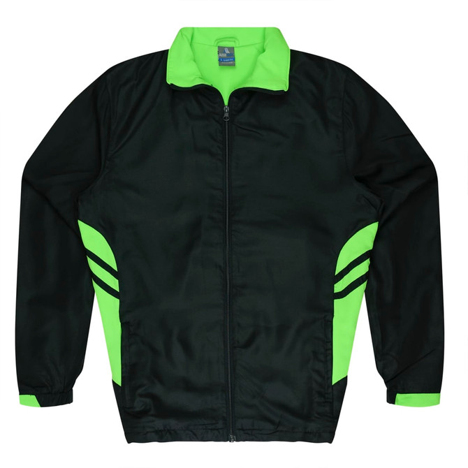 A black jacket with bright green accents and stripes, featuring a zip front and a collar. It has a logo.