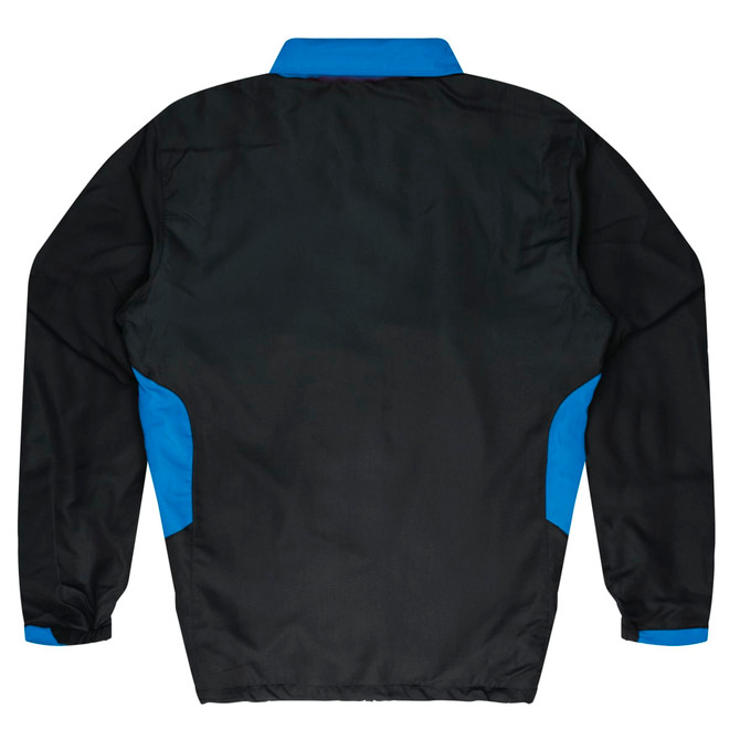A black kids' tracktop with blue accents, featuring a collar and long sleeves. Includes a logo.