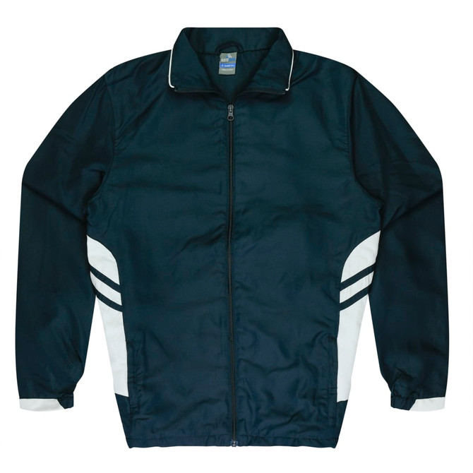A navy blue tracktop with white side stripes, featuring a front zip and collar. The top also has a logo.