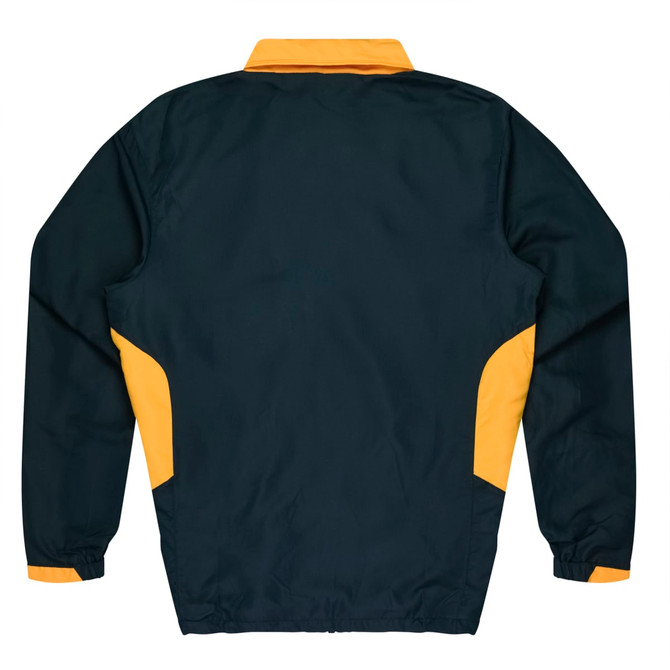 A dark green tracktop with yellow accents and a collar, featuring a logo on the back.