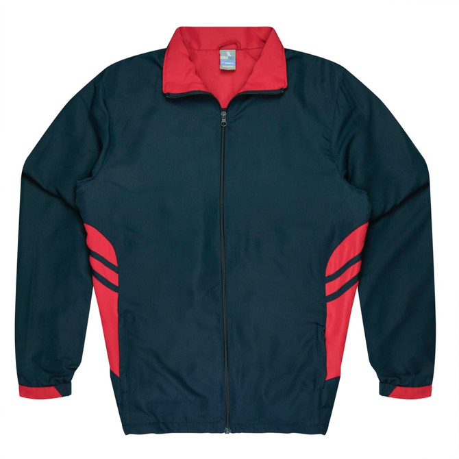A navy blue tracktop with red accents and a zip-up front. It features a collar and two side stripes.