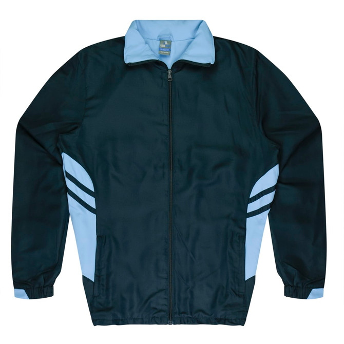 A dark green tracktop with light blue accents and stripes, featuring a zip front and a collar.