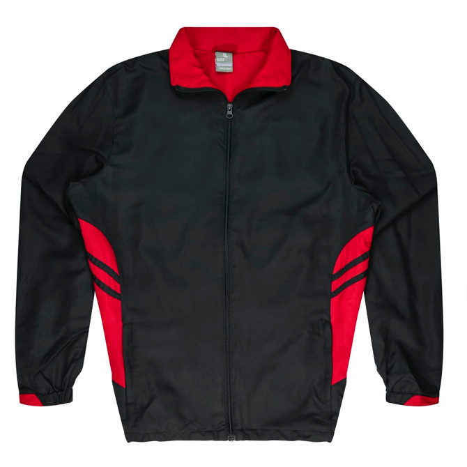 A black and red tracktop featuring a full zip, long sleeves, and side stripes, with a logo on the chest.