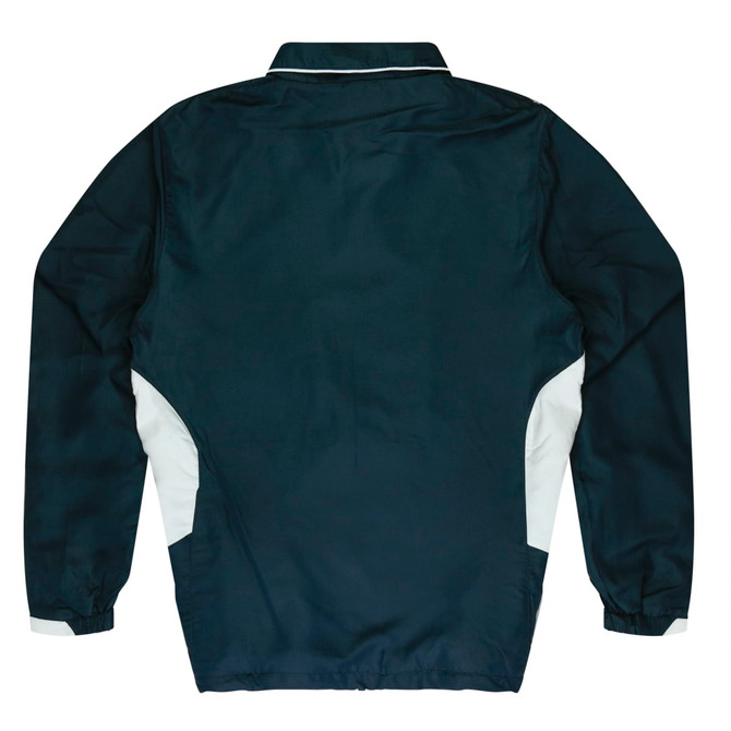 Navy blue kids' tracktop with white side panels and a collar, featuring a logo on the back.