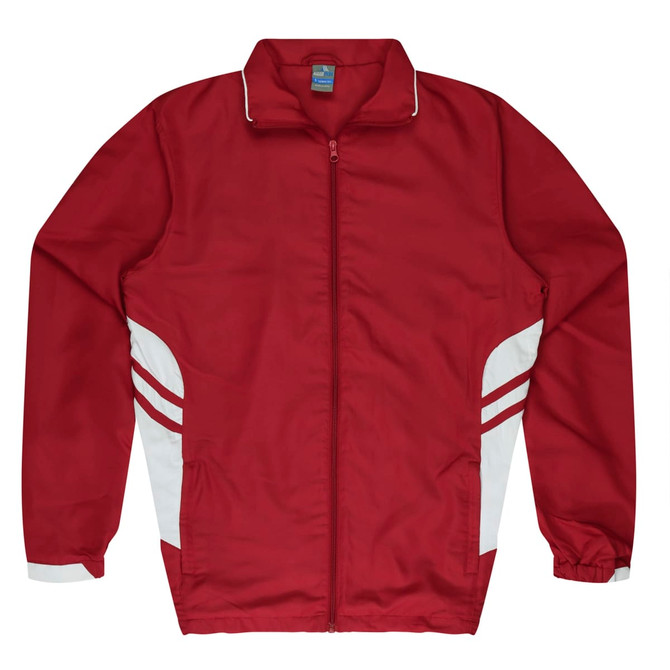 A red tracktop with white stripes, featuring a collar and full zip, designed for kids. It has a logo on the front.