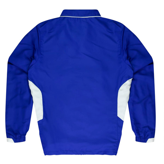 A blue tracktop with white side panels, featuring a collar and elastic cuffs, with a logo on the front.