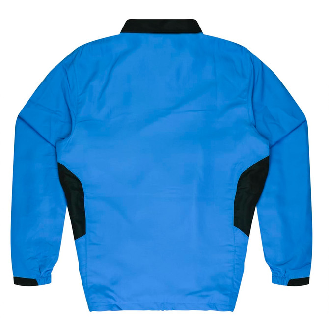 A blue tracktop with black detailing and a collar, featuring elasticised cuffs and a straight cut.
