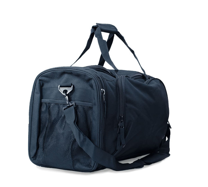 A black duffle bag featuring multiple compartments and a mesh pocket, equipped with sturdy handles and a shoulder strap.