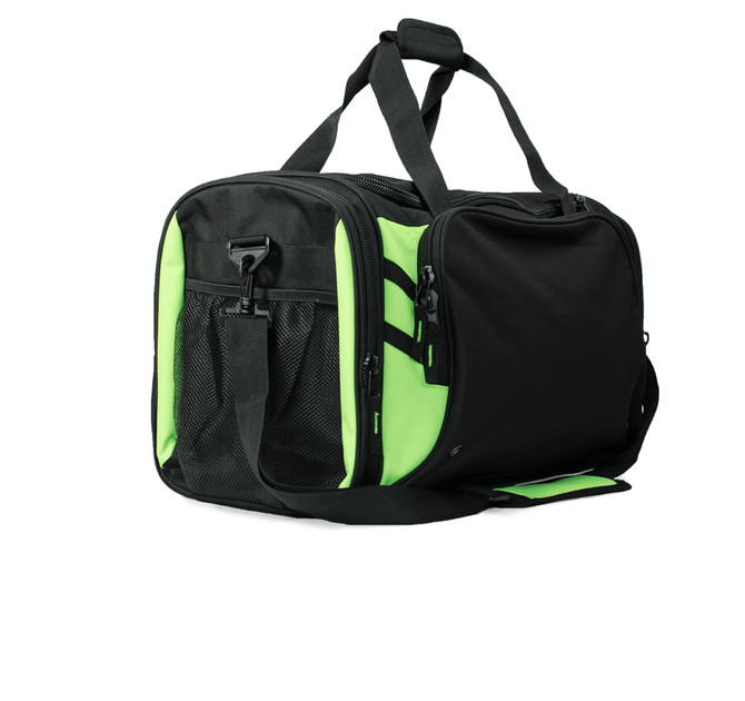 A black and lime green duffle bag with multiple compartments and a shoulder strap, featuring mesh side pockets.