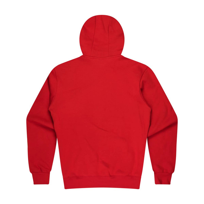 A red hoodie featuring a back view with a hood and long sleeves. It has a logo on the back.