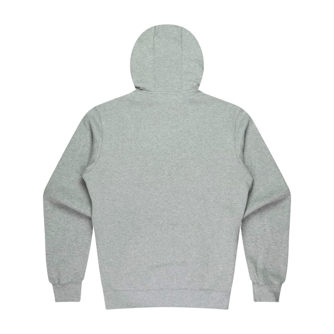 A grey kids' hoodie with a hood and long sleeves. The back view shows a simple design. It has a logo.