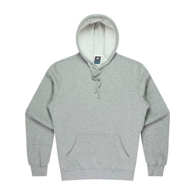 A grey men's hoodie with a front pocket and drawstring hood, featuring a logo on the tag.