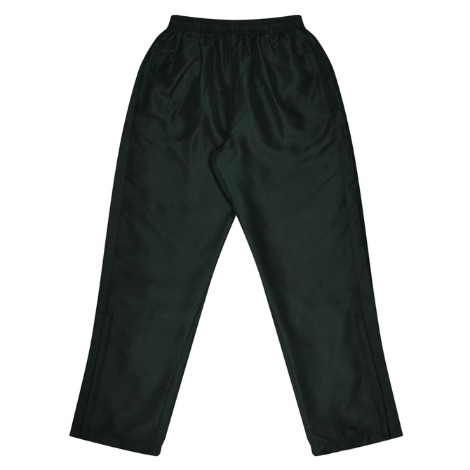 Dark green track pants featuring an elastic waistband and a smooth, lightweight fabric. Includes a logo on the design.