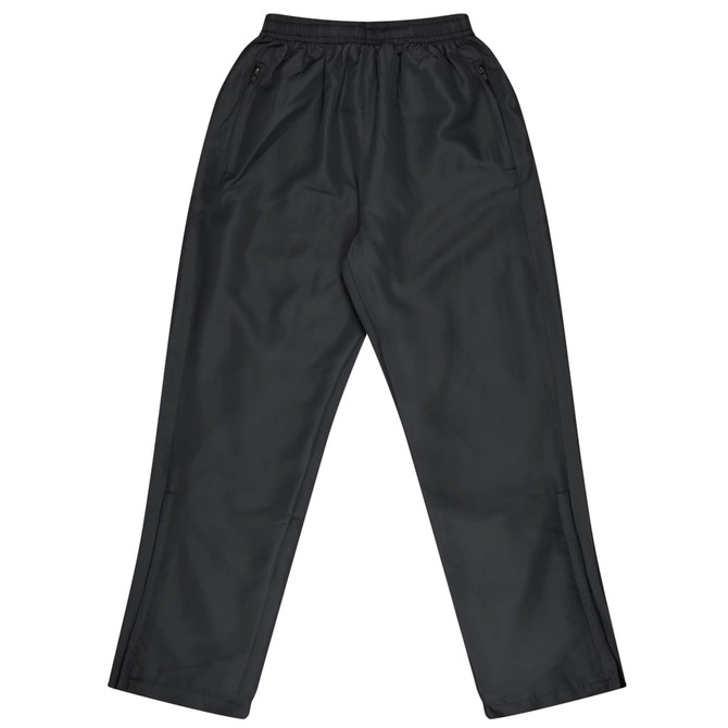 Dark track pants featuring a relaxed fit, with zippered pockets and a waistband for comfort.
