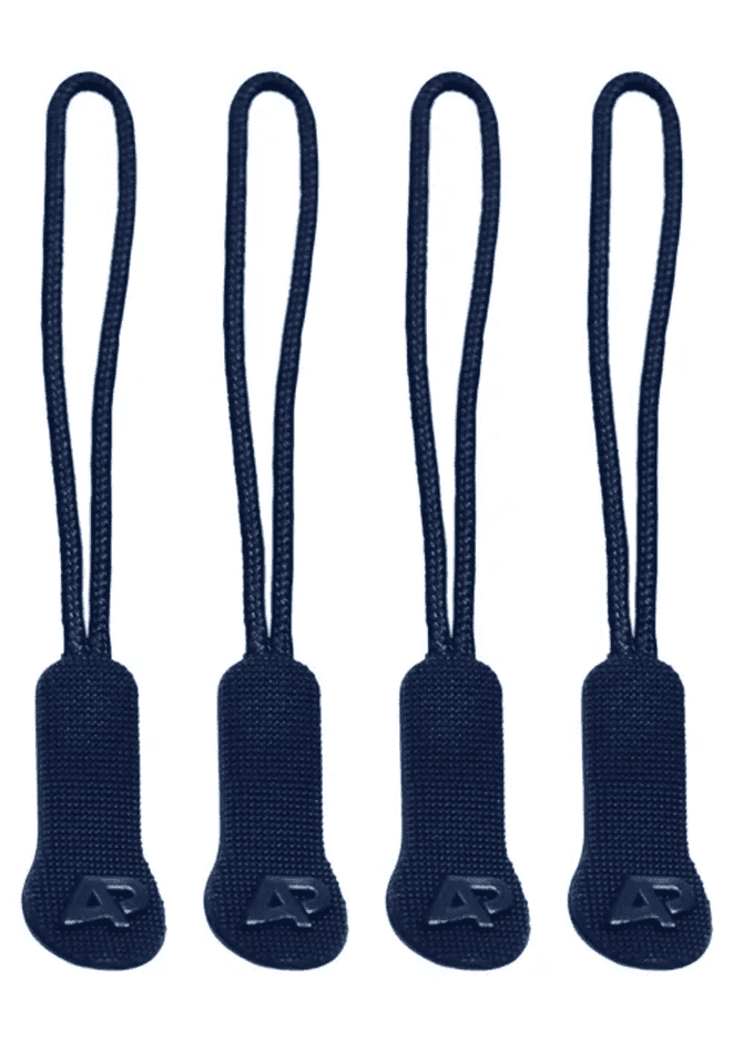 Four navy blue zip puller accessories with a looped design, featuring a logo on each puller.