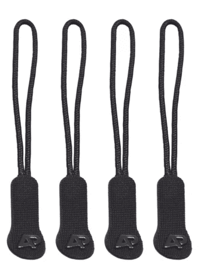 A set of four black zip puller accessories with a textured design and a logo on each.