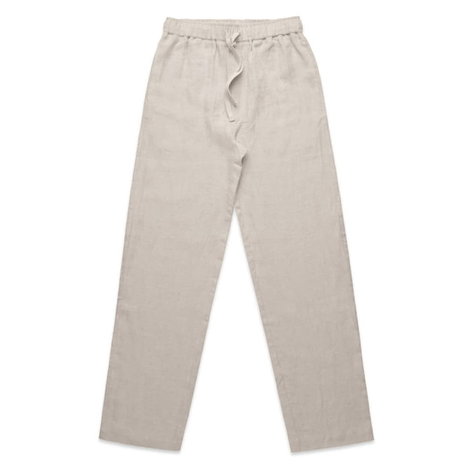 Linen pants in a light beige colour with an elastic waistband and drawstring. The pants have a relaxed fit.