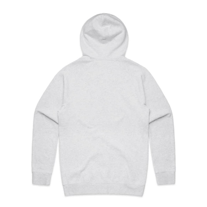A grey hoodie with a kangaroo pocket and a hood. It has a logo on the front.
